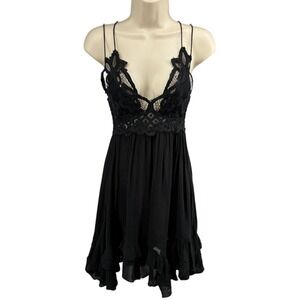FP One Black Lace Slip Dress Boho Babydoll Mini Strappy Back Ruched XS S Est'd